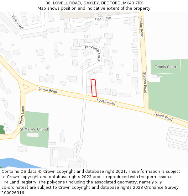 80, LOVELL ROAD, OAKLEY, BEDFORD, MK43 7RX: Location map and indicative extent of plot