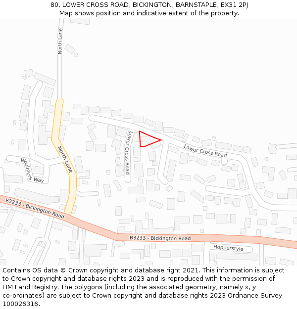 80, LOWER CROSS ROAD, BICKINGTON, BARNSTAPLE, EX31 2PJ: Location map and indicative extent of plot