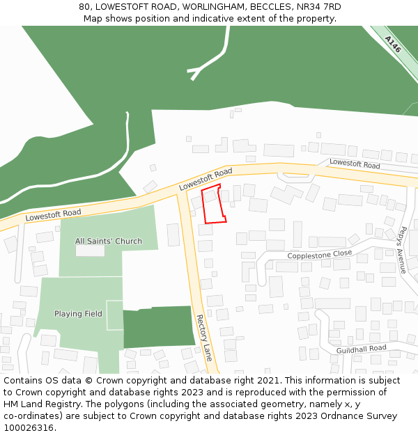 80, LOWESTOFT ROAD, WORLINGHAM, BECCLES, NR34 7RD: Location map and indicative extent of plot