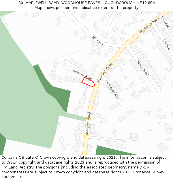 80, MAPLEWELL ROAD, WOODHOUSE EAVES, LOUGHBOROUGH, LE12 8RA: Location map and indicative extent of plot