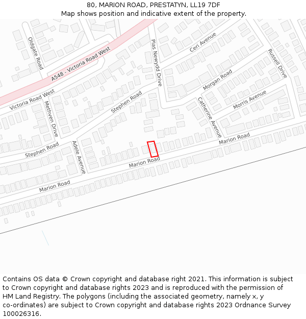 80, MARION ROAD, PRESTATYN, LL19 7DF: Location map and indicative extent of plot