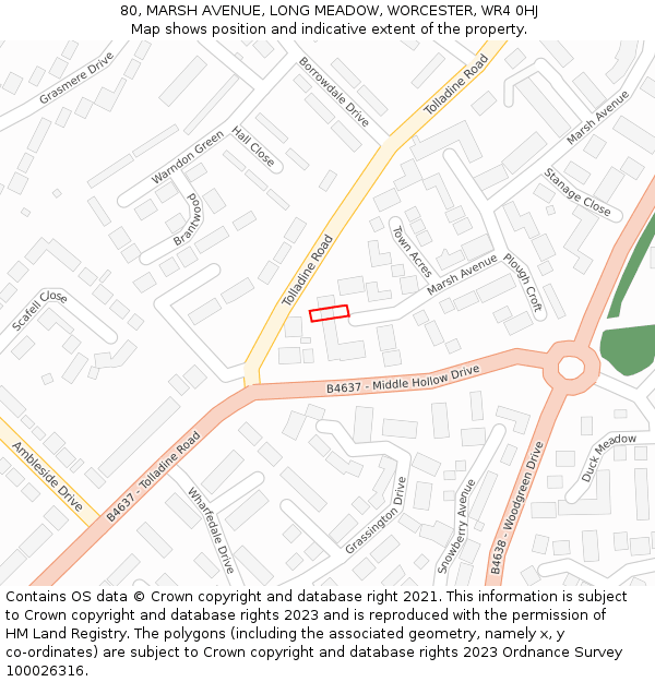 80, MARSH AVENUE, LONG MEADOW, WORCESTER, WR4 0HJ: Location map and indicative extent of plot