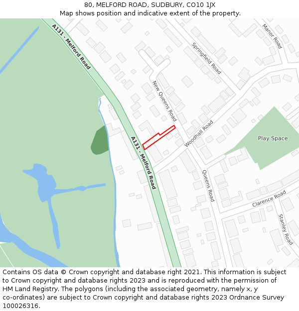 80, MELFORD ROAD, SUDBURY, CO10 1JX: Location map and indicative extent of plot