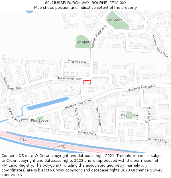 80, MUSSELBURGH WAY, BOURNE, PE10 0XY: Location map and indicative extent of plot