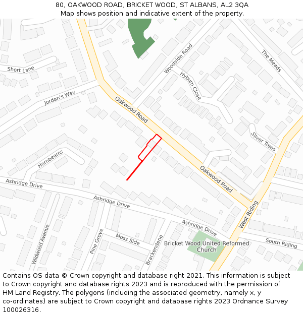 80, OAKWOOD ROAD, BRICKET WOOD, ST ALBANS, AL2 3QA: Location map and indicative extent of plot