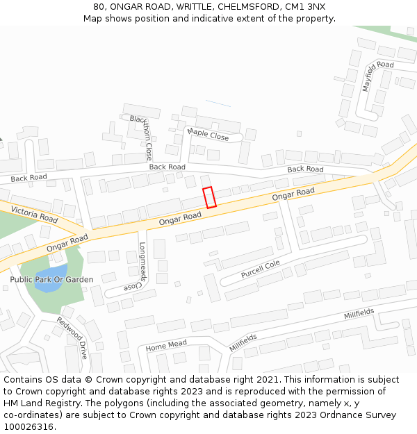 80, ONGAR ROAD, WRITTLE, CHELMSFORD, CM1 3NX: Location map and indicative extent of plot