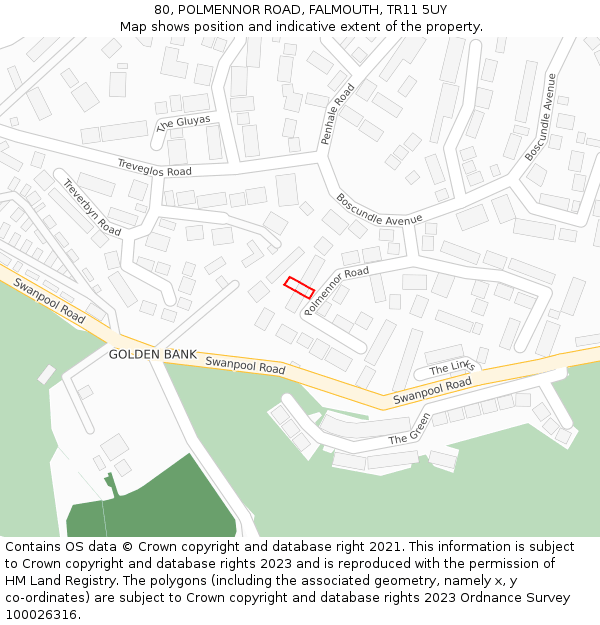 80, POLMENNOR ROAD, FALMOUTH, TR11 5UY: Location map and indicative extent of plot