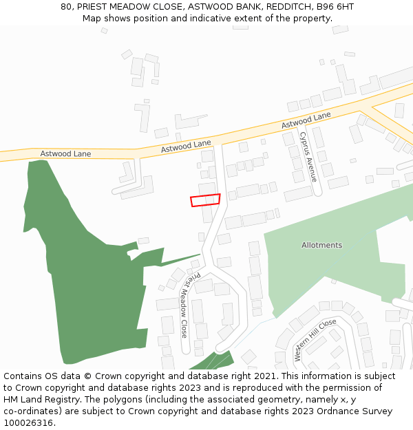 80, PRIEST MEADOW CLOSE, ASTWOOD BANK, REDDITCH, B96 6HT: Location map and indicative extent of plot