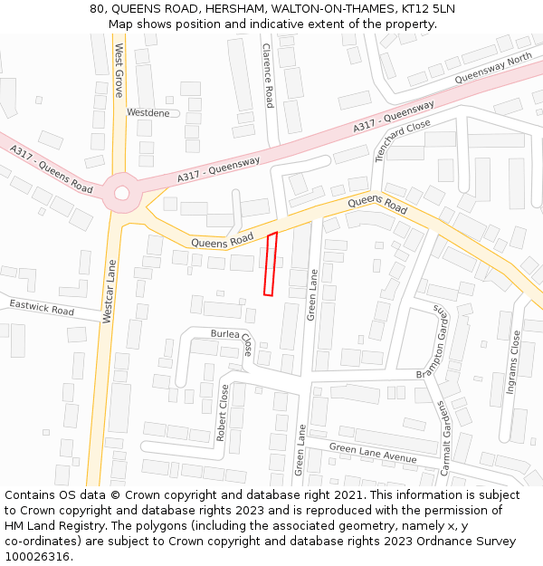 80, QUEENS ROAD, HERSHAM, WALTON-ON-THAMES, KT12 5LN: Location map and indicative extent of plot