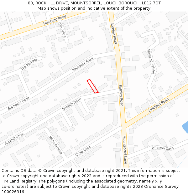 80, ROCKHILL DRIVE, MOUNTSORREL, LOUGHBOROUGH, LE12 7DT: Location map and indicative extent of plot