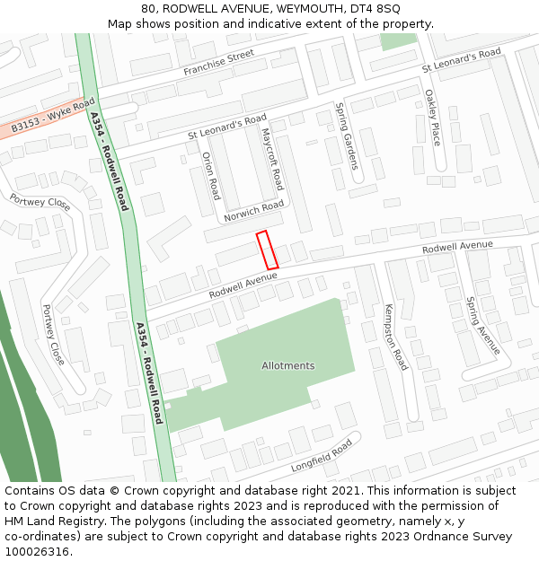 80, RODWELL AVENUE, WEYMOUTH, DT4 8SQ: Location map and indicative extent of plot