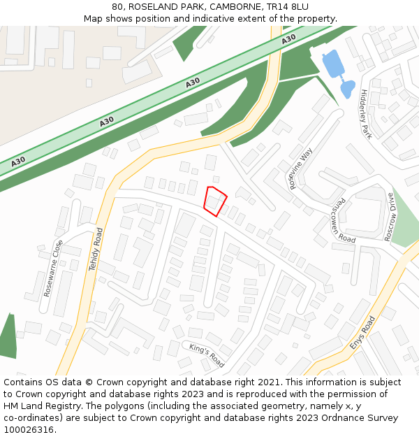 80, ROSELAND PARK, CAMBORNE, TR14 8LU: Location map and indicative extent of plot