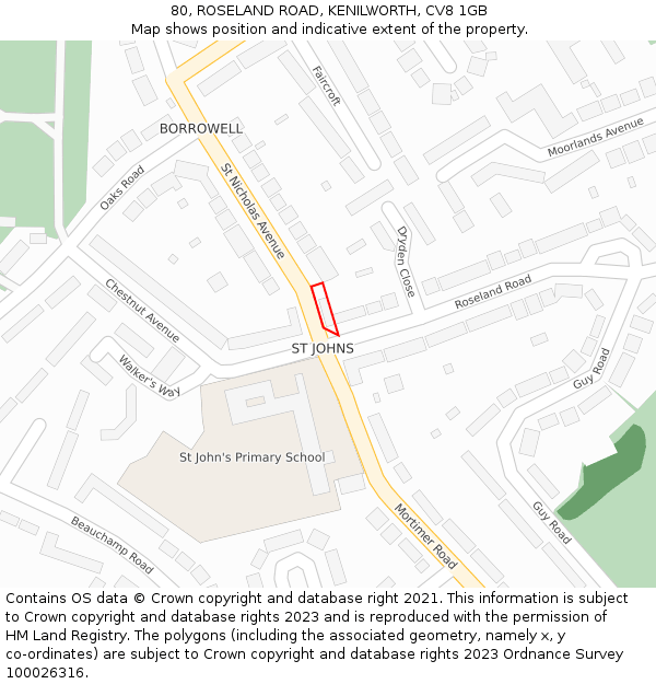 80, ROSELAND ROAD, KENILWORTH, CV8 1GB: Location map and indicative extent of plot