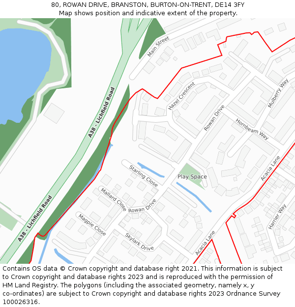 80, ROWAN DRIVE, BRANSTON, BURTON-ON-TRENT, DE14 3FY: Location map and indicative extent of plot