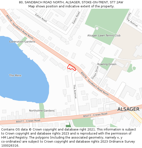 80, SANDBACH ROAD NORTH, ALSAGER, STOKE-ON-TRENT, ST7 2AW: Location map and indicative extent of plot