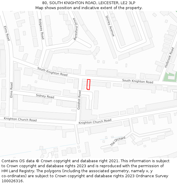 80, SOUTH KNIGHTON ROAD, LEICESTER, LE2 3LP: Location map and indicative extent of plot