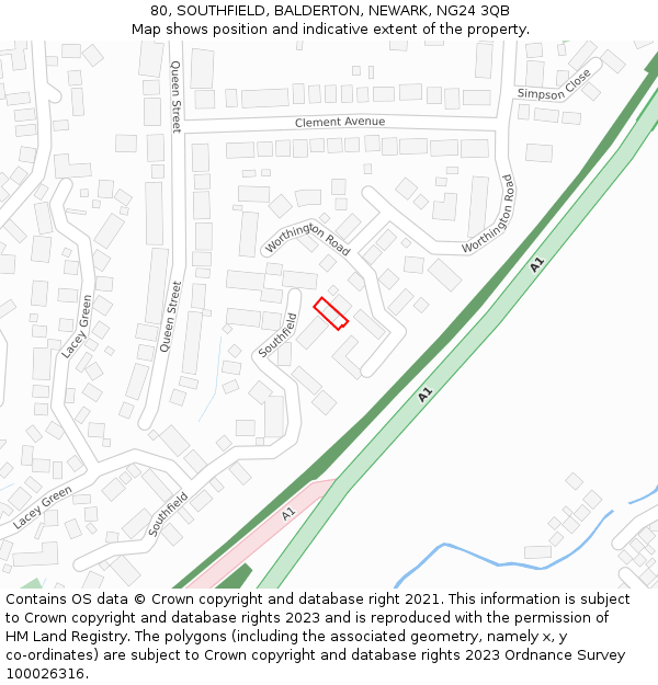 80, SOUTHFIELD, BALDERTON, NEWARK, NG24 3QB: Location map and indicative extent of plot