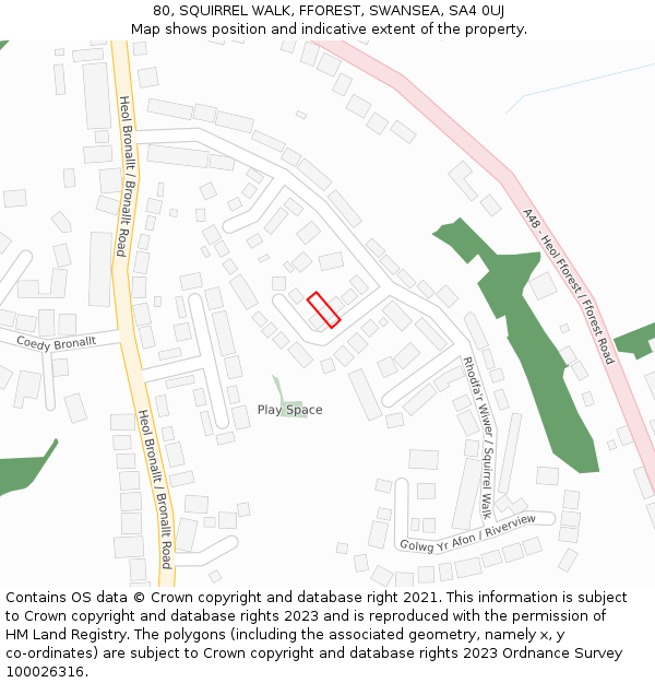 80, SQUIRREL WALK, FFOREST, SWANSEA, SA4 0UJ: Location map and indicative extent of plot