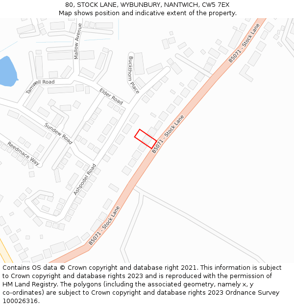 80, STOCK LANE, WYBUNBURY, NANTWICH, CW5 7EX: Location map and indicative extent of plot