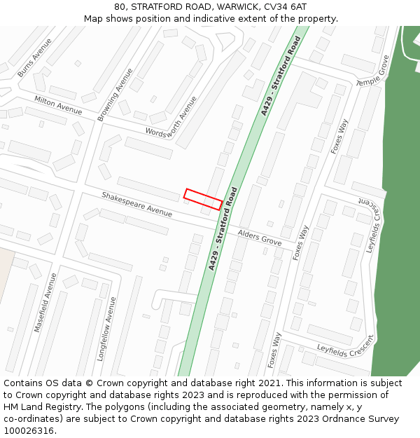 80, STRATFORD ROAD, WARWICK, CV34 6AT: Location map and indicative extent of plot