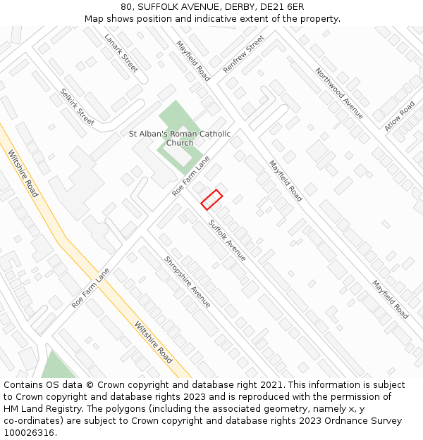 80, SUFFOLK AVENUE, DERBY, DE21 6ER: Location map and indicative extent of plot