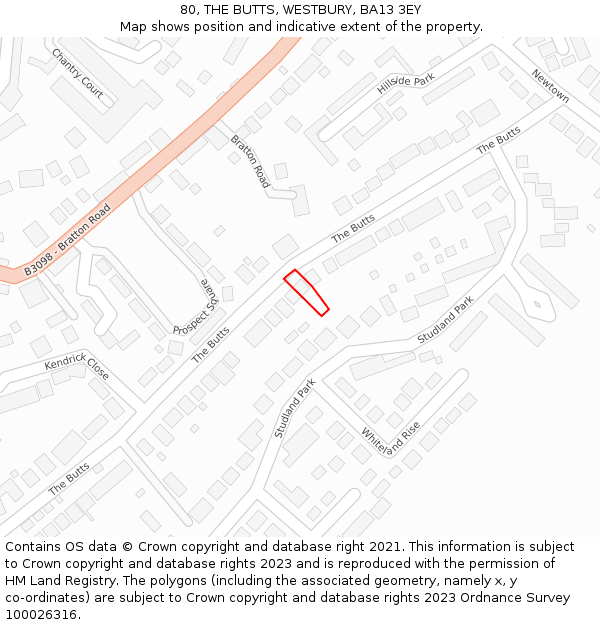 80, THE BUTTS, WESTBURY, BA13 3EY: Location map and indicative extent of plot