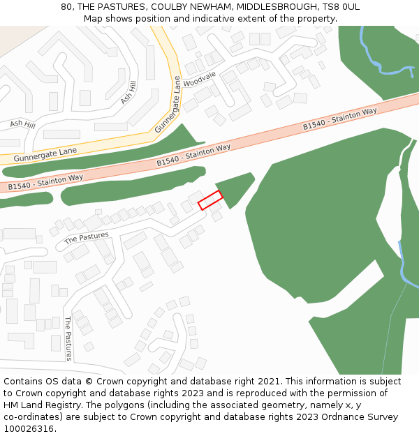 80, THE PASTURES, COULBY NEWHAM, MIDDLESBROUGH, TS8 0UL: Location map and indicative extent of plot