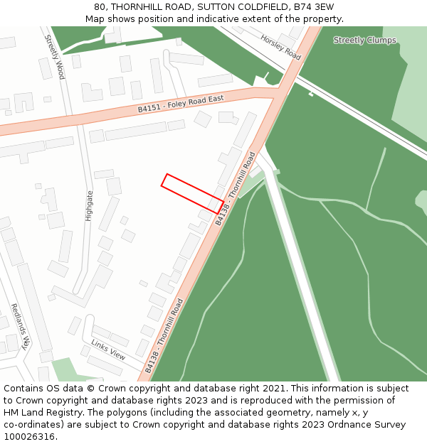 80, THORNHILL ROAD, SUTTON COLDFIELD, B74 3EW: Location map and indicative extent of plot