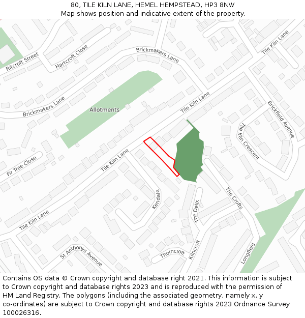 80, TILE KILN LANE, HEMEL HEMPSTEAD, HP3 8NW: Location map and indicative extent of plot