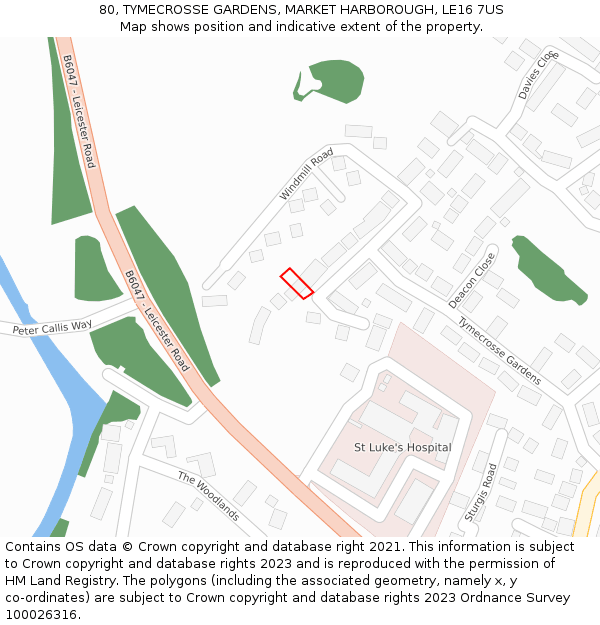 80, TYMECROSSE GARDENS, MARKET HARBOROUGH, LE16 7US: Location map and indicative extent of plot