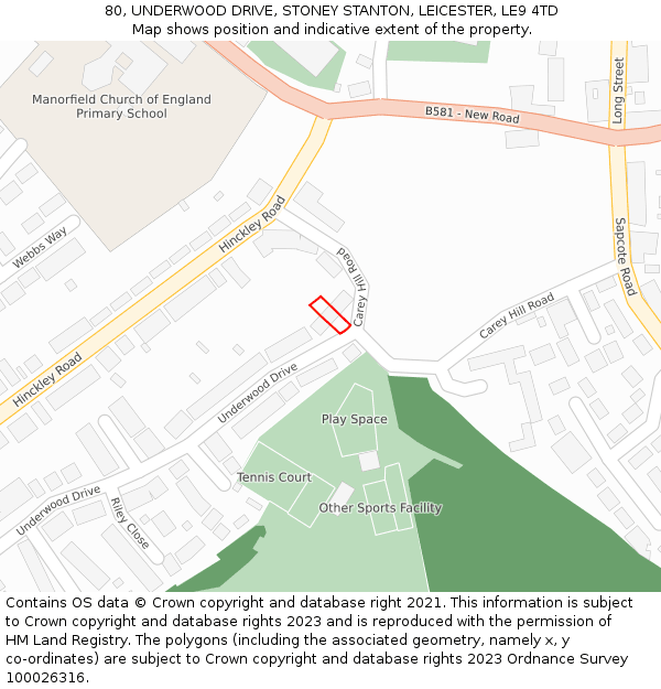 80, UNDERWOOD DRIVE, STONEY STANTON, LEICESTER, LE9 4TD: Location map and indicative extent of plot