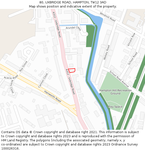 80, UXBRIDGE ROAD, HAMPTON, TW12 3AD: Location map and indicative extent of plot