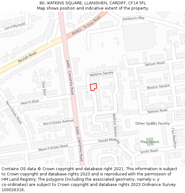 80, WATKINS SQUARE, LLANISHEN, CARDIFF, CF14 5FL: Location map and indicative extent of plot