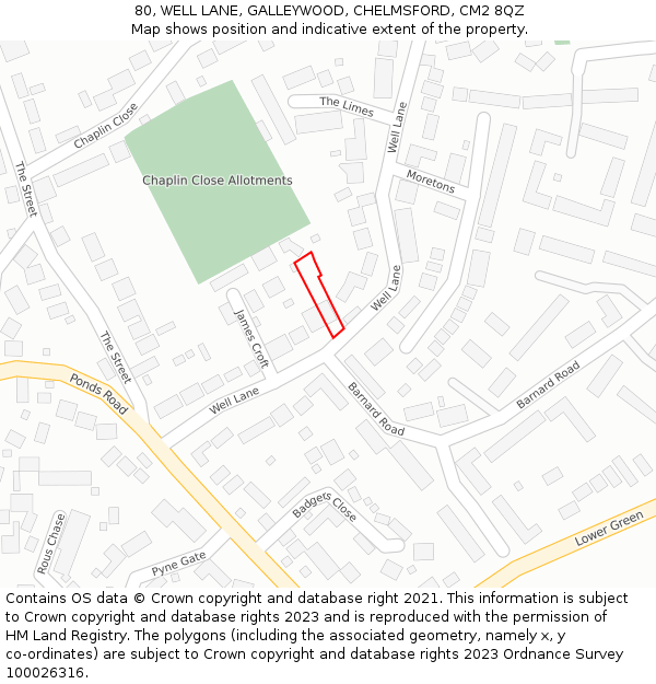 80, WELL LANE, GALLEYWOOD, CHELMSFORD, CM2 8QZ: Location map and indicative extent of plot