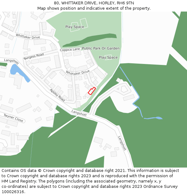 80, WHITTAKER DRIVE, HORLEY, RH6 9TN: Location map and indicative extent of plot