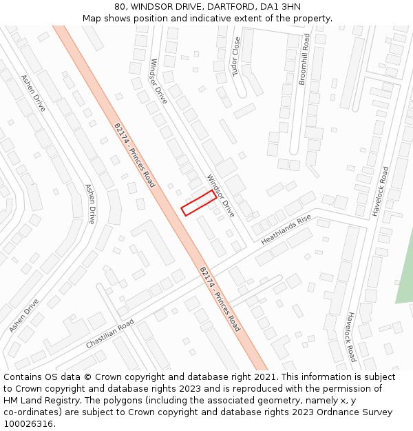 80, WINDSOR DRIVE, DARTFORD, DA1 3HN: Location map and indicative extent of plot