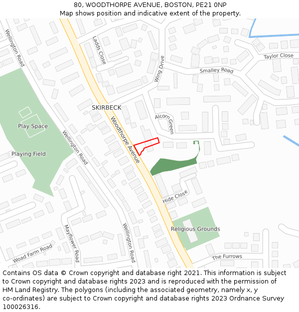 80, WOODTHORPE AVENUE, BOSTON, PE21 0NP: Location map and indicative extent of plot