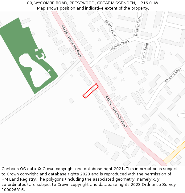 80, WYCOMBE ROAD, PRESTWOOD, GREAT MISSENDEN, HP16 0HW: Location map and indicative extent of plot