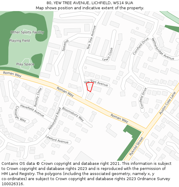 80, YEW TREE AVENUE, LICHFIELD, WS14 9UA: Location map and indicative extent of plot