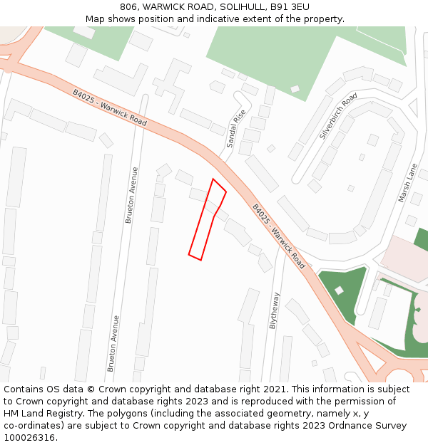 806, WARWICK ROAD, SOLIHULL, B91 3EU: Location map and indicative extent of plot