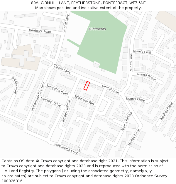 80A, GIRNHILL LANE, FEATHERSTONE, PONTEFRACT, WF7 5NF: Location map and indicative extent of plot