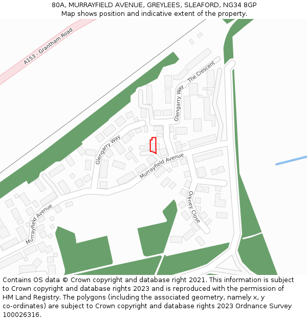 80A, MURRAYFIELD AVENUE, GREYLEES, SLEAFORD, NG34 8GP: Location map and indicative extent of plot