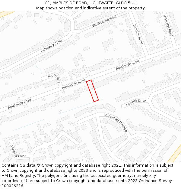 81, AMBLESIDE ROAD, LIGHTWATER, GU18 5UH: Location map and indicative extent of plot