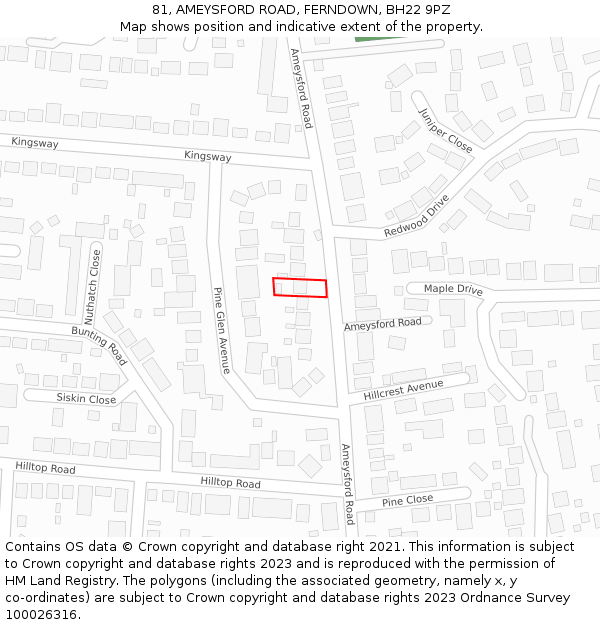 81, AMEYSFORD ROAD, FERNDOWN, BH22 9PZ: Location map and indicative extent of plot