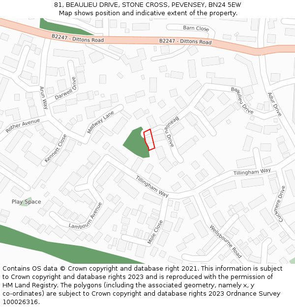 81, BEAULIEU DRIVE, STONE CROSS, PEVENSEY, BN24 5EW: Location map and indicative extent of plot