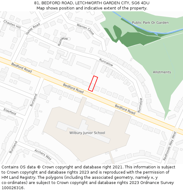 81, BEDFORD ROAD, LETCHWORTH GARDEN CITY, SG6 4DU: Location map and indicative extent of plot