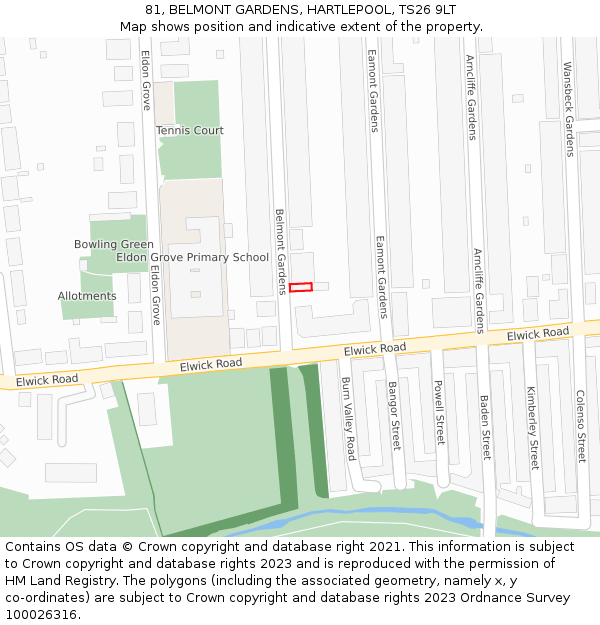 81, BELMONT GARDENS, HARTLEPOOL, TS26 9LT: Location map and indicative extent of plot