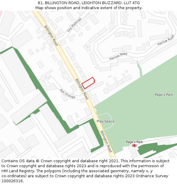 81, BILLINGTON ROAD, LEIGHTON BUZZARD, LU7 4TG: Location map and indicative extent of plot