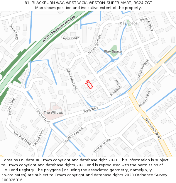 81, BLACKBURN WAY, WEST WICK, WESTON-SUPER-MARE, BS24 7GT: Location map and indicative extent of plot