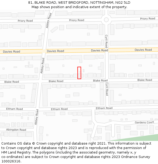 81, BLAKE ROAD, WEST BRIDGFORD, NOTTINGHAM, NG2 5LD: Location map and indicative extent of plot